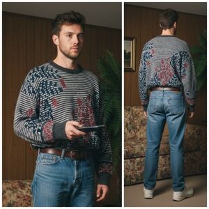 Manto M Vintage 90s Abtract Geometric Dadcore Cabincore Wool Blend Knit Sweater